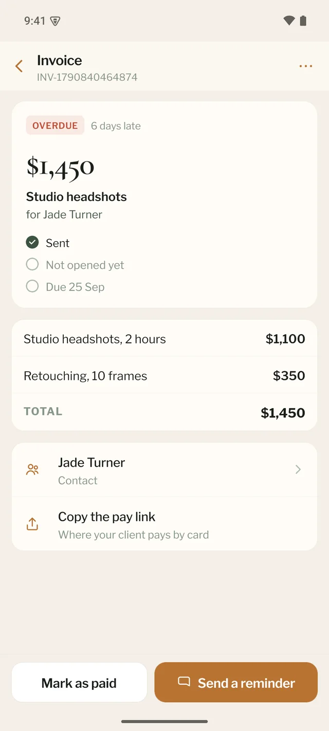 An invoice in the ShotBreak app, with Mark as paid