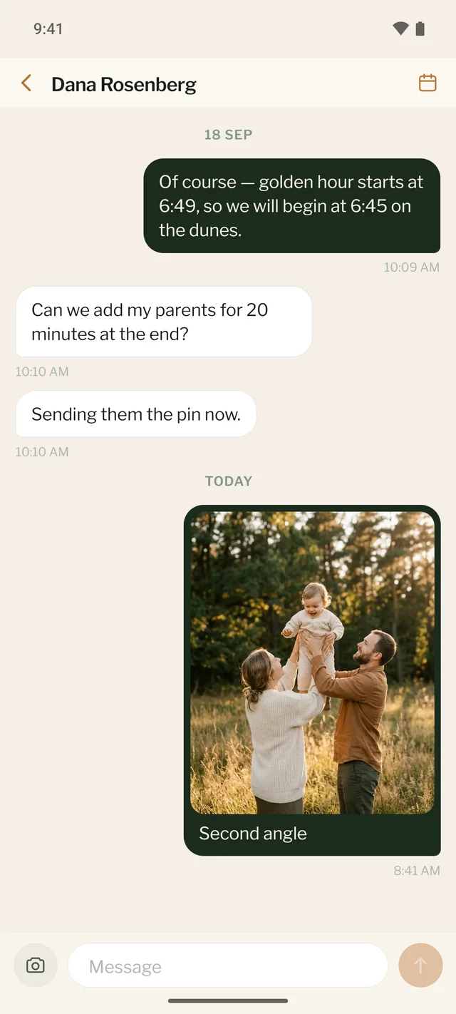 A client conversation in the ShotBreak app, with a photo in the thread