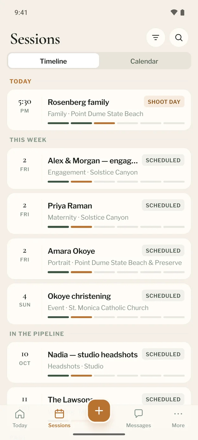 The Sessions screen in the ShotBreak app: today’s shoot and the week ahead