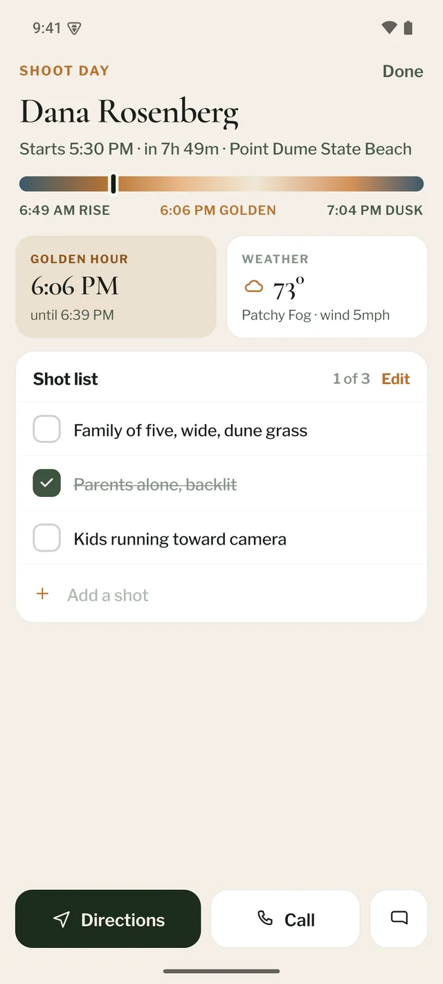 The Shoot Day screen in the ShotBreak app: the light for the day, golden hour, the weather and a shot list