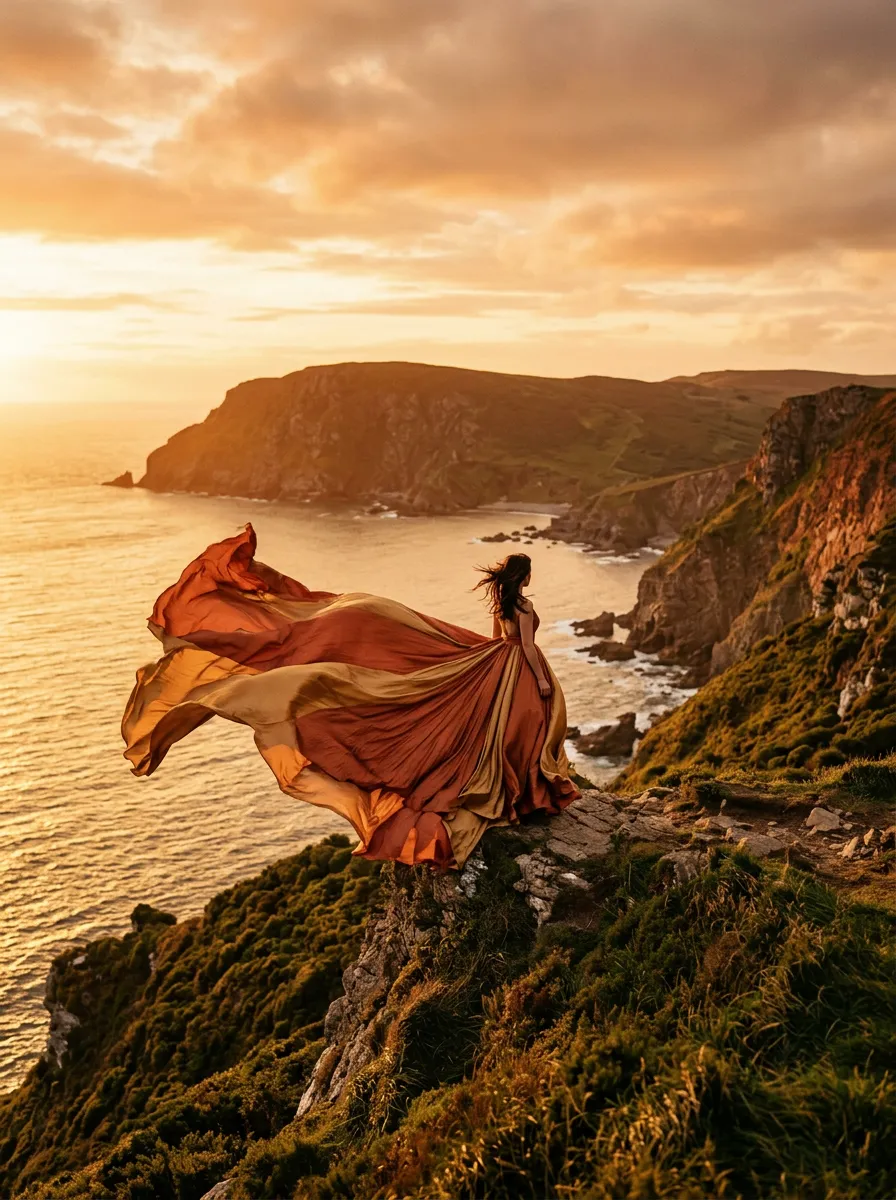 Una mujer con un vestido largo y fluido en un acantilado frente al mar al atardecer