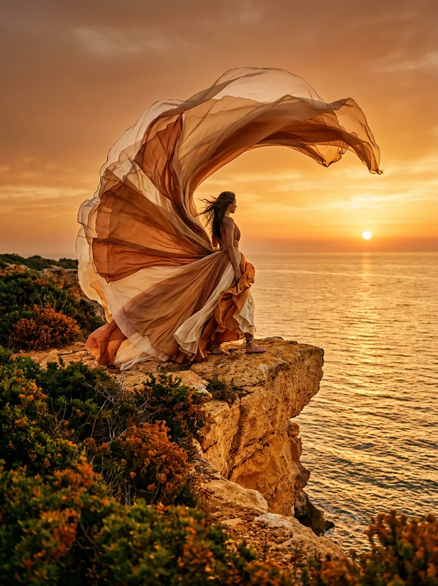 Eine Frau auf einer Meeresklippe bei Sonnenuntergang, ihr langes Kleid weht im Wind