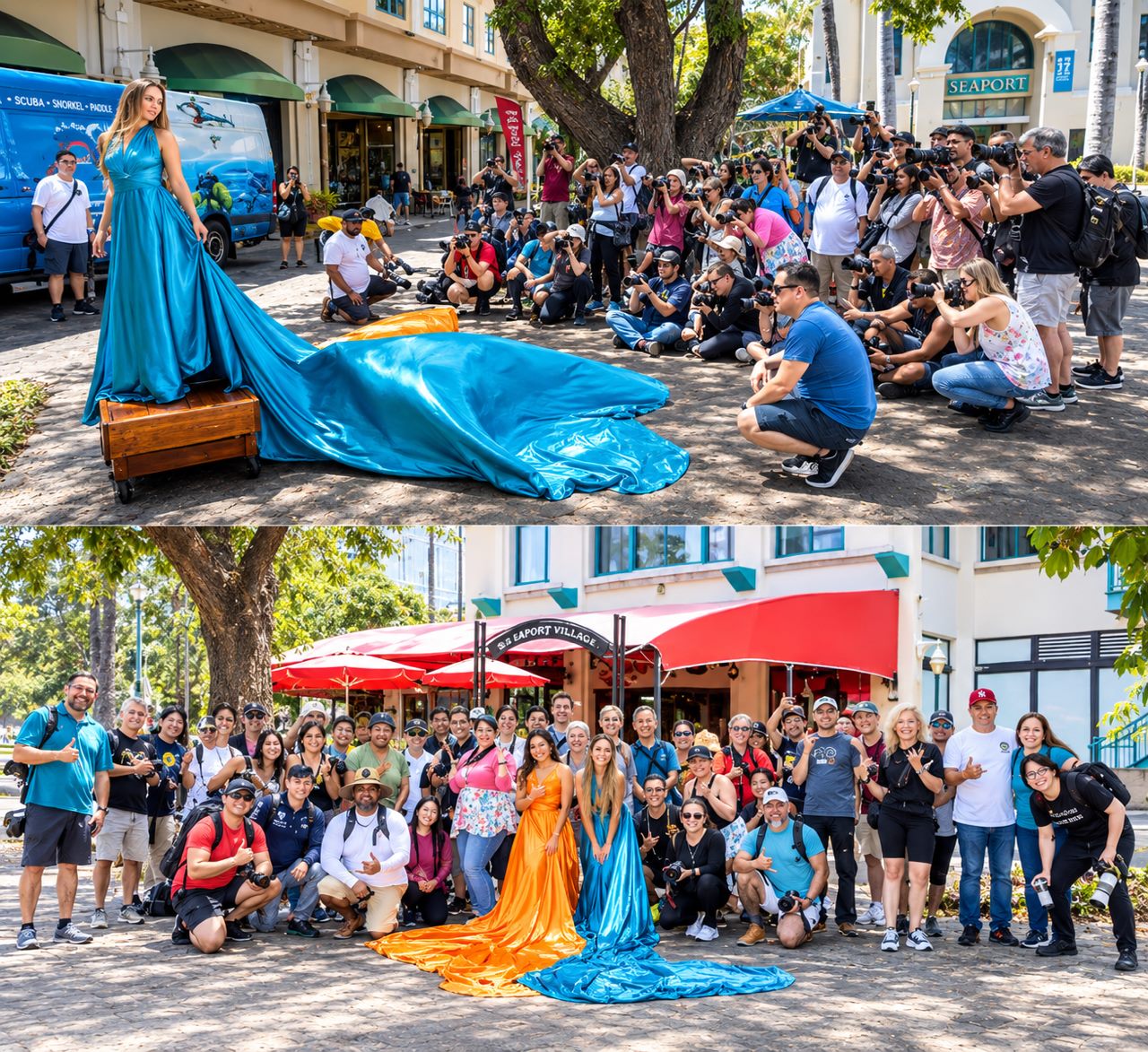 Dezenas de fotógrafos fotografando uma modelo em um vestido azul esvoaçante no workshop da Seaport Village, e todo o grupo depois com modelos em um vestido laranja e outro azul
