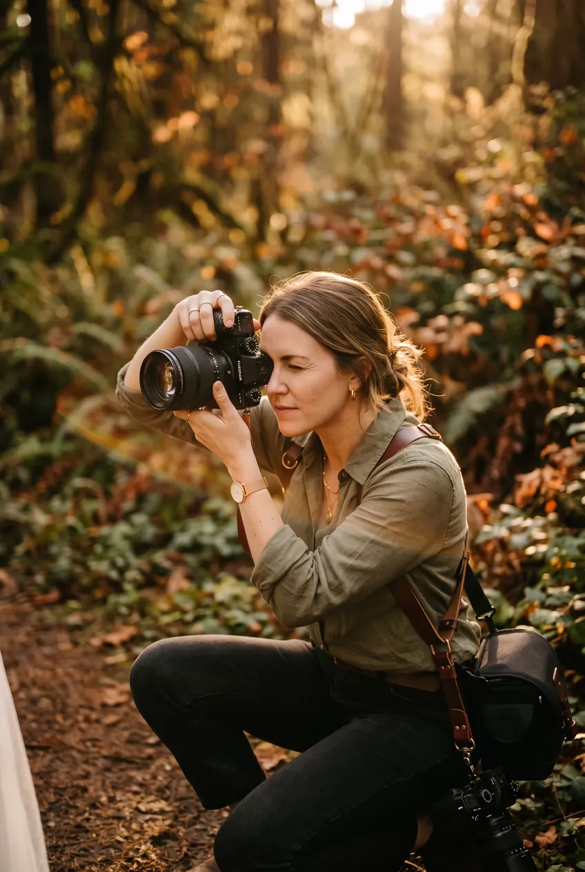 Fotograf klečící v lese s fotoaparátem