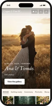 A sample client gallery in the Warm Romance look, on a phone