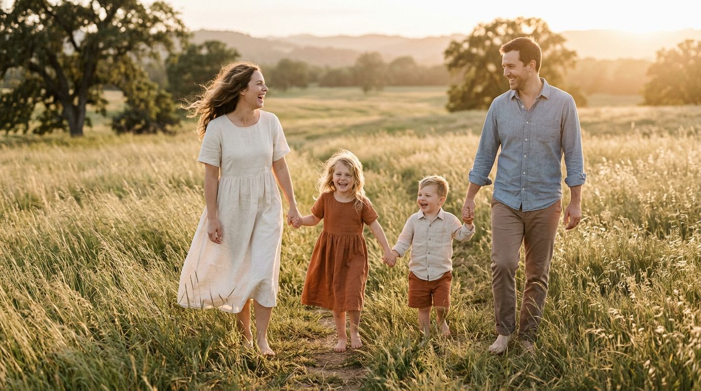 The Hartley family walking through a meadow