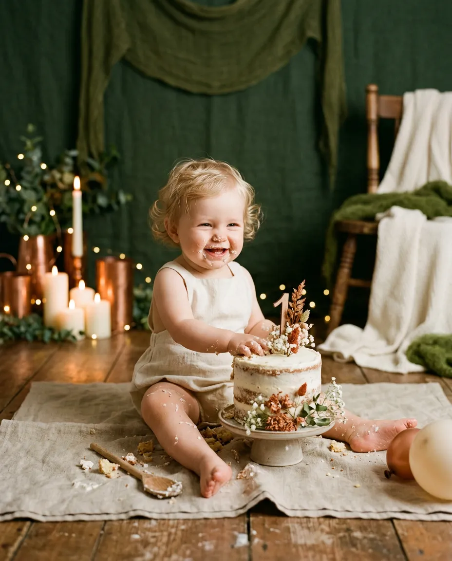 A one-year-old with a birthday cake