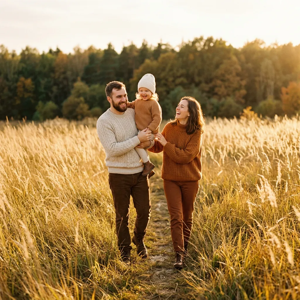 Eine Familie, die durch ein goldenes Feld läuft