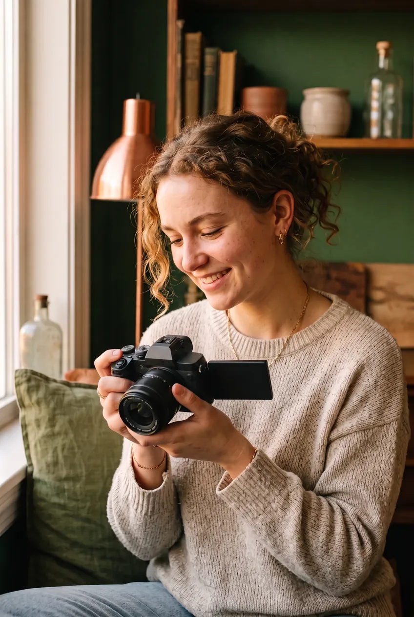Fotograf se usmívá na fotku na zadní straně svého fotoaparátu