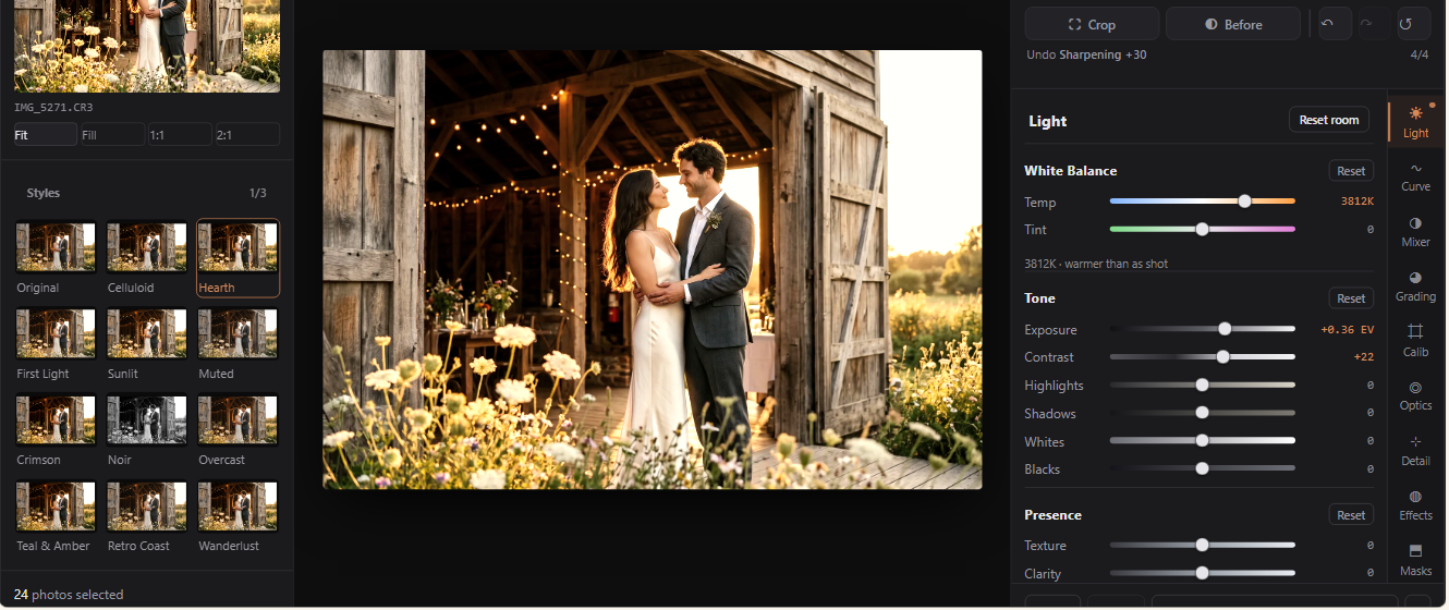 ShotBreak Studio, the Develop room: a wedding RAW file open with styles on the left and light controls on the right