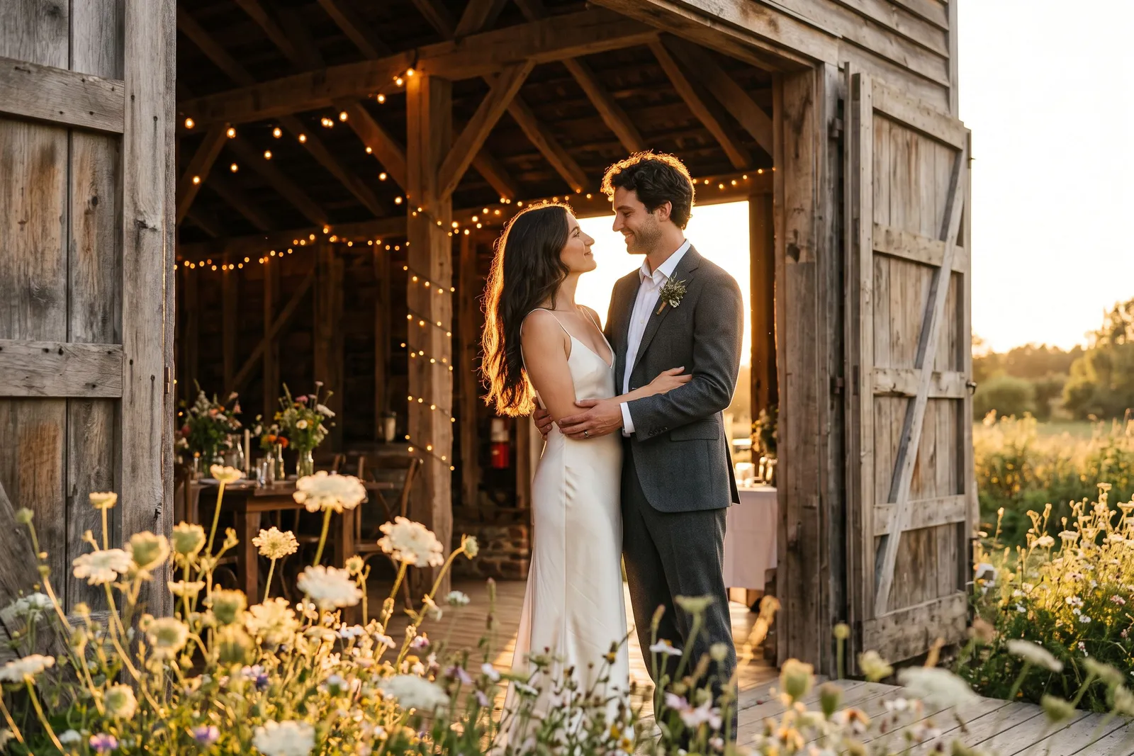 A bride and groom at a barn door at sunset, wildflowers in front of them